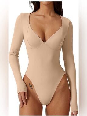 QINSEN Women's Long Sleeve Bodysuit V Neck Body Suits Seamed Cup